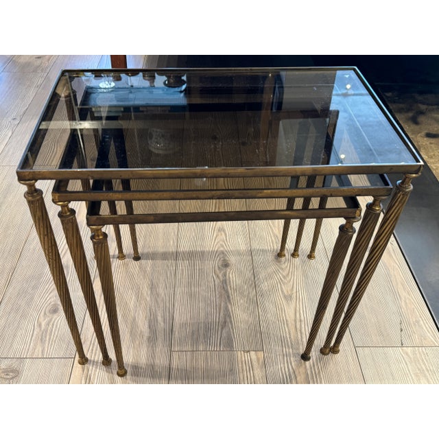 Mid 20th Century Mid-Century French Brass Nesting Tables With Original Smoke Glass For Sale - Image 5 of 9