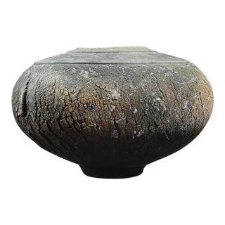 Black Brutalist Minimalist Raku Fired Earthenware Vessel, Signed For Sale