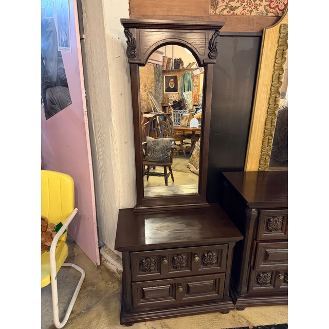 Mid 20th Century Vintage Spanish Revival Carved Wood Dresser & Matching Mirror Set For Sale - Image 5 of 11
