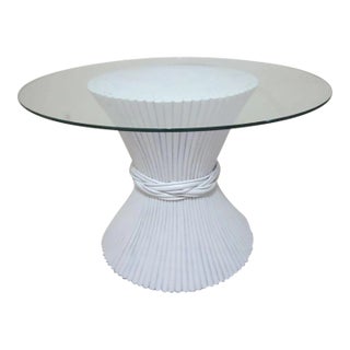 1990s Rattan Sheaf of Wheat White Dining Table Glass Top Maguire Style For Sale