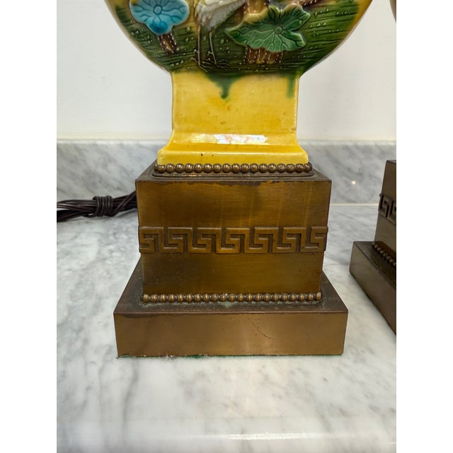 Chinese 1940s Pair of Chinese Yellow Porcelain Lamps W/Lotus & Crane Motif, Brass Greek Key For Sale - Image 3 of 6