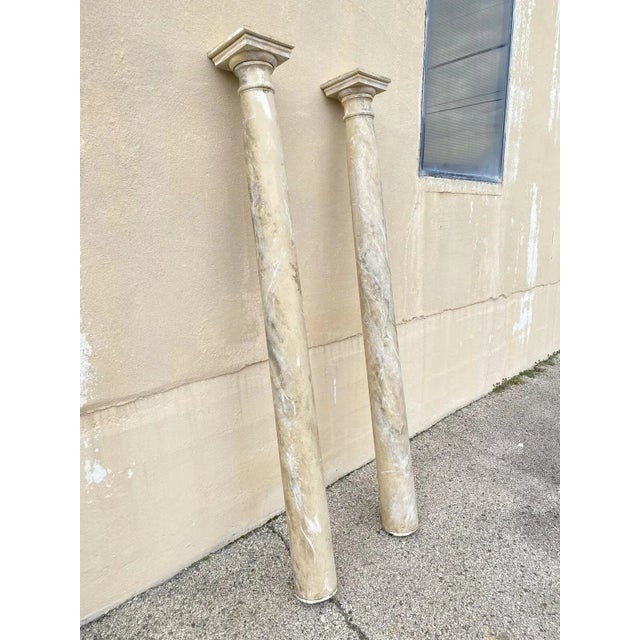 Item: Vintage Italian Style 92" Tall Wooden Faux Marble Painted Columns Architectural Elements - a Pair. Circa Mid to Late...