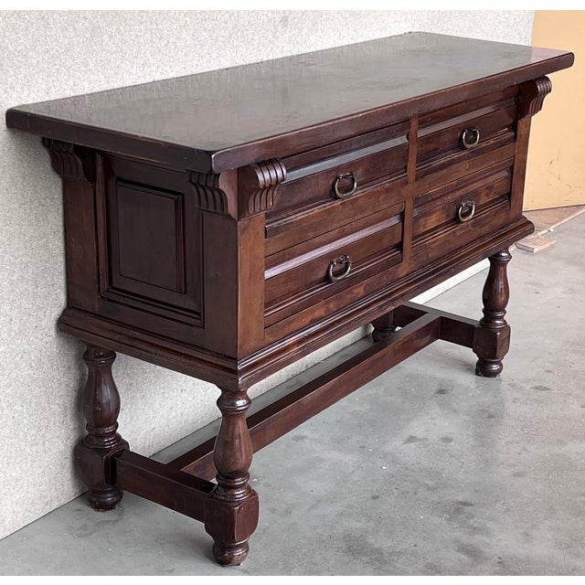Spanish Console Chest Table With Four Carved Drawers and Original Hardware For Sale - Image 4 of 10