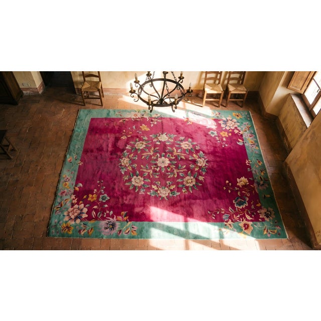 Dark Pink 1920s Pink Floral Antique Chinese Art Deco Rug 8'9" X 11'8" Handknotted Wool Carpet For Sale - Image 8 of 8