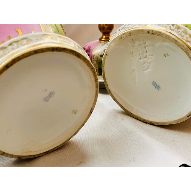 Early 20th Century Vintage German Kalk-Style Gilt Porcelain Covered Urns — Pair For Sale - Image 5 of 9