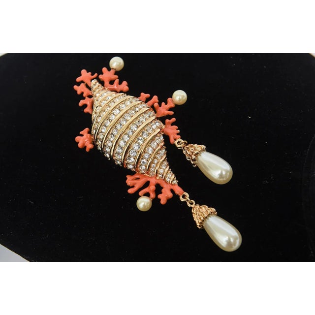Hutton Wilkinson Coral Enamel Faux Pearl, Rhinestone Gold Filled Brooch or Pin, 1980's For Sale - Image 10 of 10