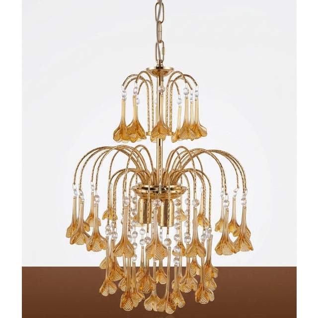 Vintage Gold Rain Chandelier with Crystals and Murano Glass Flowers, Italy, 1966 For Sale - Image 4 of 15