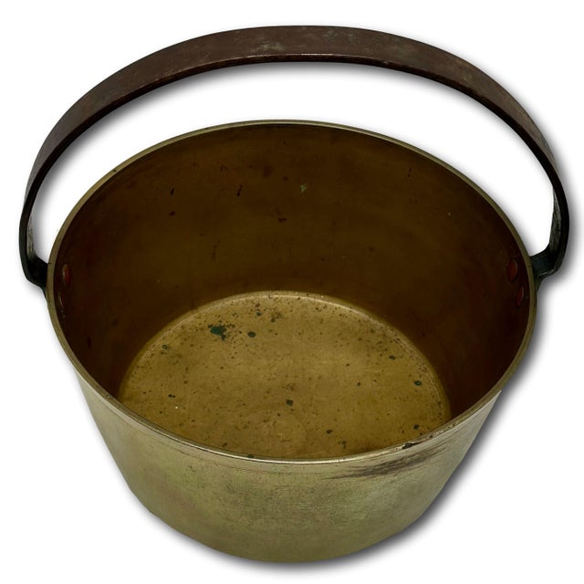 Antique 12 Inch Heavy Brass & Hand Wrought Iron Fireplace Hearth Hanging Cooking Pot Mid 19th Century For Sale In Boston - Image 6 of 18