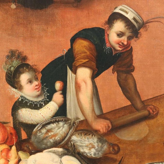Flemish Artist, Interior Kitchen Scene, Large Oil on Canvas, Framed For Sale - Image 12 of 16