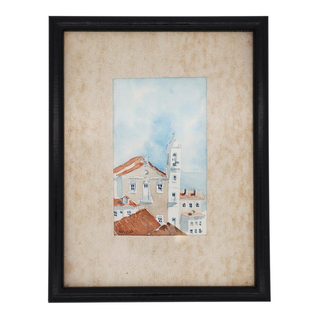 1950s Portuguese Watercolor Depicting the Church of Santo Estevão, Alfama, Lisbon For Sale