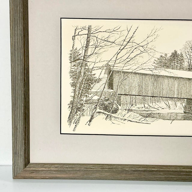 Mid-Century Americana Rustic Lithograph From Pencil Drawing, Covered Bridge Framed. For Sale - Image 6 of 13