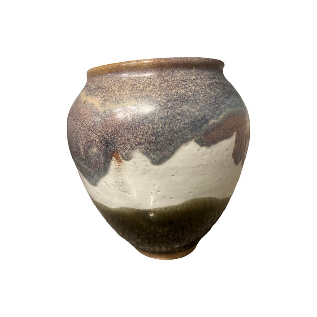1970s Mid Century Modern Vintage Ceramic Large Studio Pottery Drip Glaze Stoneware Vase For Sale - Image 5 of 8