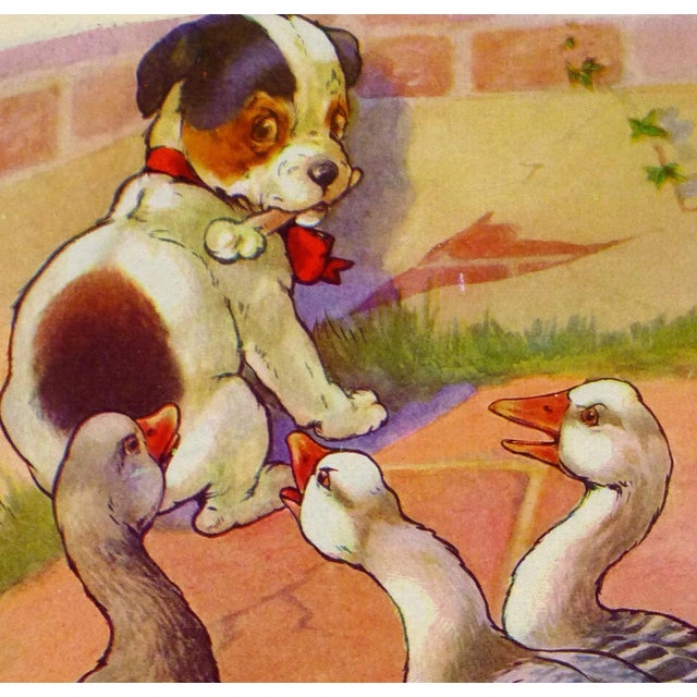 Offset book lithograph by American artist Samuel Gabriel of a little puppy cowering from three geese, 1941. Displayed on a...