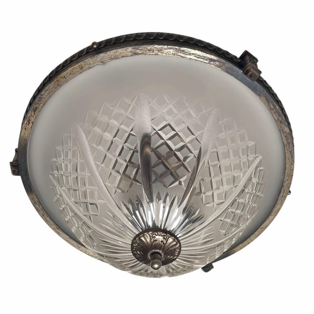 Antique Art Deco Cut Crystal Flush Mount Ceiling Light Fixture.