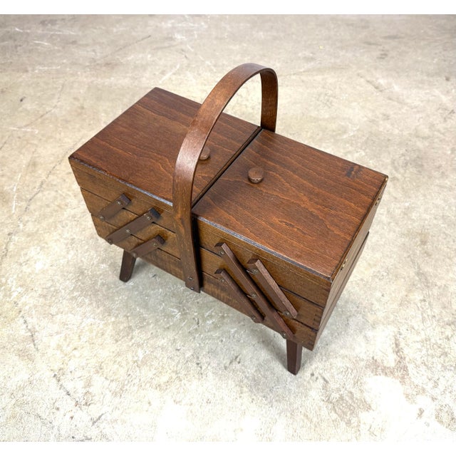 1960’s Mid Century Modern Expanding Wooden Sewing Box For Sale - Image 4 of 12