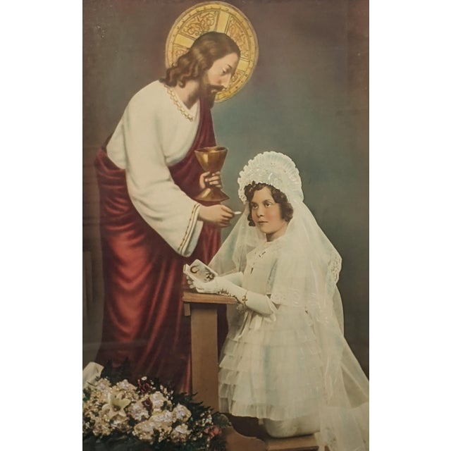1938 First Communion Devotional Portrait in Ornate Silvered Polychrome Floral Frame For Sale - Image 4 of 13