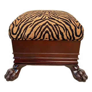 Mid-Century Regency Revival Paw Foot Ottoman in Tiger Upholstery For Sale