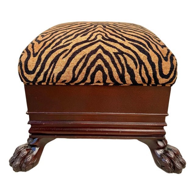 Mid-Century Regency Revival Paw Foot Ottoman in Tiger Upholstery For Sale