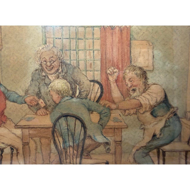 Figurative Antique 19th Century Original Men Playing Cards at Table Watercolor Painting For Sale - Image 3 of 12