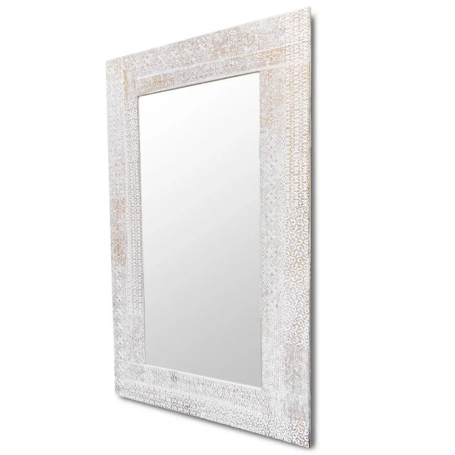 Large white wash tribal vintage carved teak wood mirror. Beautiful large statement mirror with stunning hand carved teak...