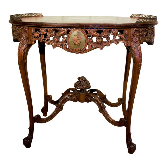 Antique Victorian Louis XV Style Carved Oval Top Side Table With Brass Rail For Sale