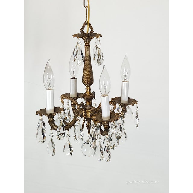 Brass Antique 4 Arm 4 Light Glowing Graceful Brass Cut Lead Glass Crystal Chandelier For Sale - Image 8 of 13