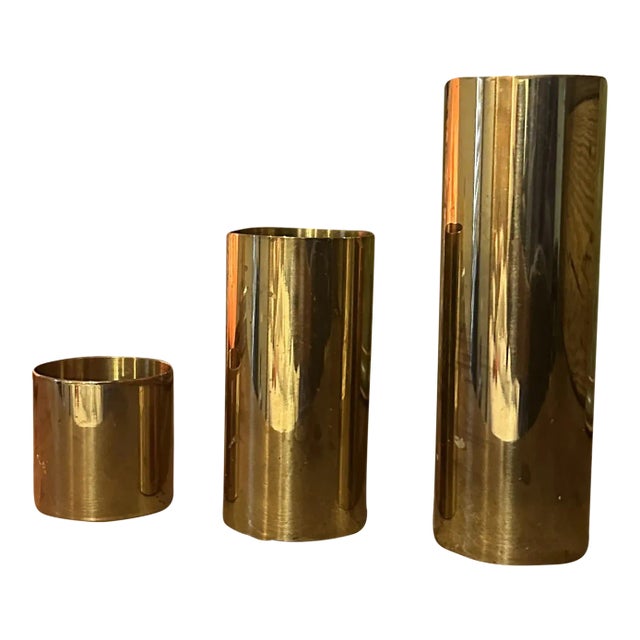 Trio of Brass Cylinder Candleholders, 1970s For Sale