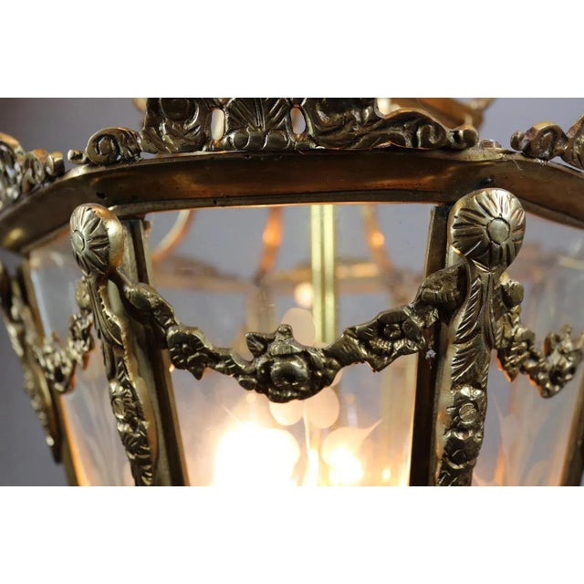 Vintage French Louis XVI Style Bronze Lantern With Elegant Gold Leaf Finish and Floral Engraved Glass For Sale - Image 6 of 11
