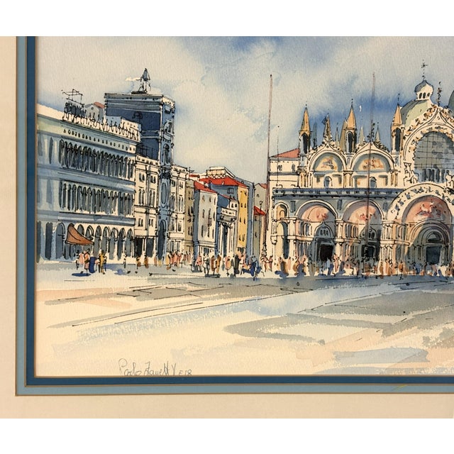 Blue Signed and Framed Original Watercolor Painting of 'The Piazza at San Marco Square' For Sale - Image 8 of 18