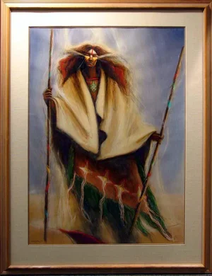 1990s Larry Fodor Medicine Woman 4 Original Painting Custom Framed Artwork Art