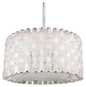 Crystal Glass and Chrome Drum Pendant Lamp by J. T. Kalmar for Kalmar, 1960s