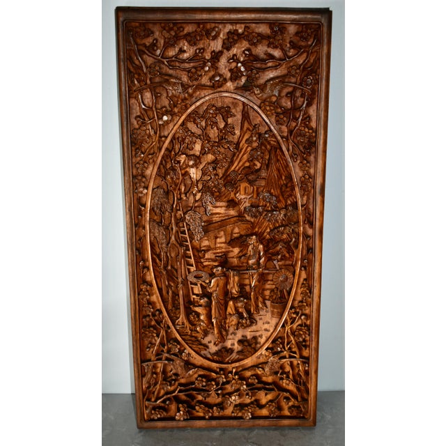Vintage (1940's) Chinese Plaque is Heavily Carved and has Figural Details. Made of Wood. Not sure if it's Teak? The...