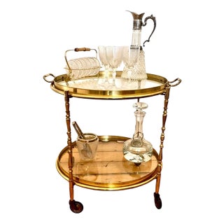 Brass Round Serving Trolley with Smoked Glass Shelves and Removable Tray, 1960s For Sale