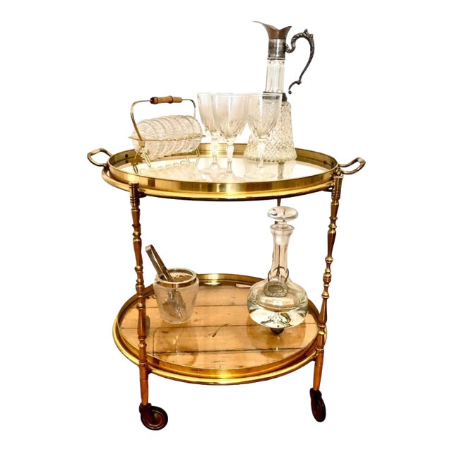 Brass Round Serving Trolley with Smoked Glass Shelves and Removable Tray, 1960s For Sale