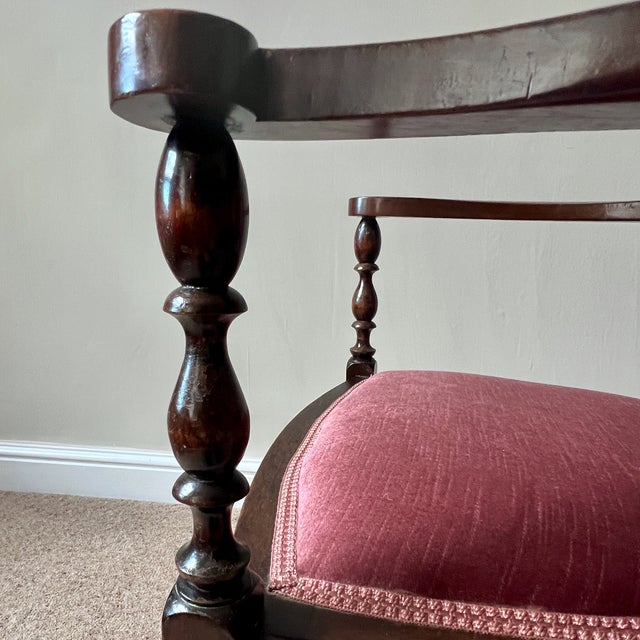 Antique English Edwardian Mahogany Desk Armchair in Velvet, 1890s For Sale - Image 9 of 17
