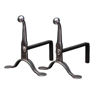 Mid-19th Century English Polished Wrought Fire Dogs, Set of 2 For Sale