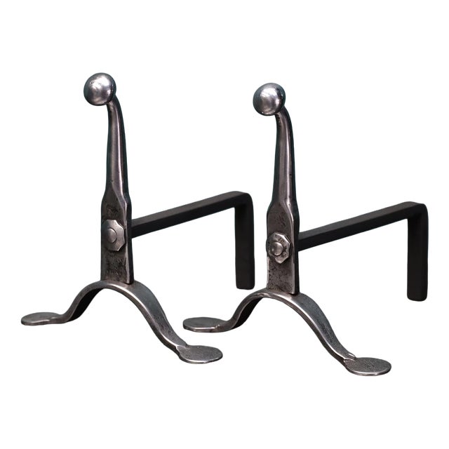 Mid-19th Century English Polished Wrought Fire Dogs, Set of 2 For Sale