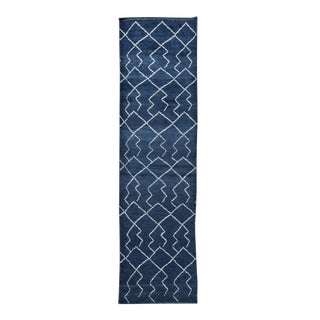 Modern Moroccan Style Handmade Navy-Blue Wool Runner For Sale