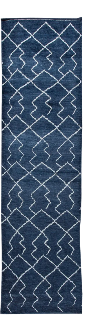 Modern Moroccan Style Handmade Navy-Blue Wool Runner