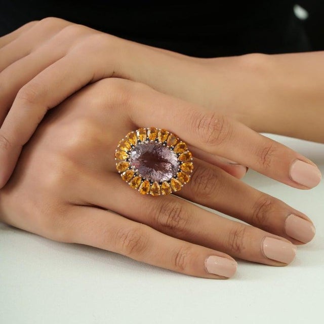 Handcrafted Multi-Gemstone Sunflower Ring in Solid Sterling Silver, Size 7.5 For Sale - Image 12 of 16