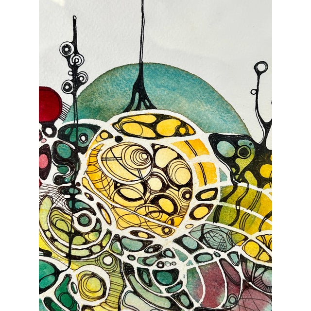 Modern Organic Watercolor Pen & Ink Signed by Artist, dated 2014 White painted wood frame 12"x16" artwork on watercolor...