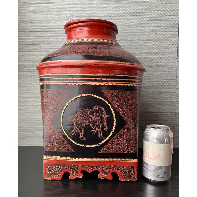 Brick Red Antique Large Hand Made Burmese Pyi-Daung Lacquerware Rice Vessel, 15" T For Sale - Image 8 of 12