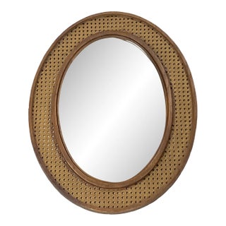 Mid-Century Boho Chic Coastal Syroco Style Faux Cane Oval Wall Mirror. For Sale