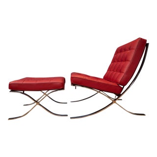 Mid Century Modern Red Leather and Steel Barcelona Chair and Ottoman - 2 Pieces For Sale