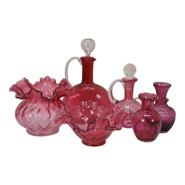 Late 20th Century Cranberry Art Glass Ruffled Pitchers Decanters Vase Bowl Compote Fenton - Set of 6 For Sale
