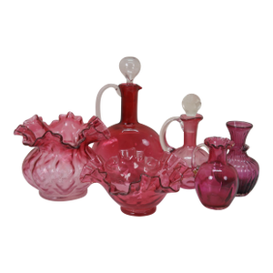 Late 20th Century Cranberry Art Glass Ruffled Pitchers Decanters Vase Bowl Compote Fenton - Set of 6
