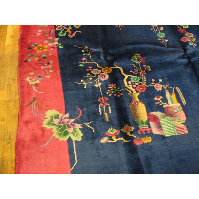 1920s Blue Navy Floral Modern Antique Chinese Art Deco Rug 9' 3"x11' 8" Hand Knotted Pile Wool Carpet For Sale - Image 4 of 6