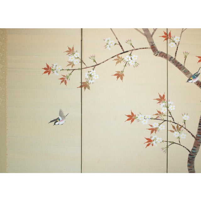1960s "Blue and White Flycatchers and Blossoming Plum Tree", Showa Japanese Byobu Screen For Sale - Image 10 of 18