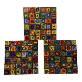 Set of 3 Original Paintings Abstract Squares, Multi Colored on Square Canvas For Sale