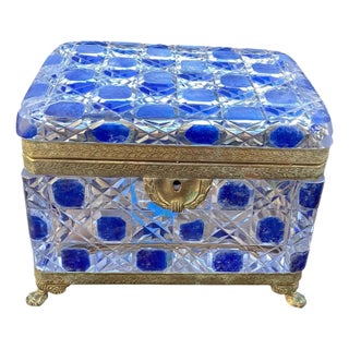 Large 19th Century Crystal Box with Blue Enamel Decoration For Sale